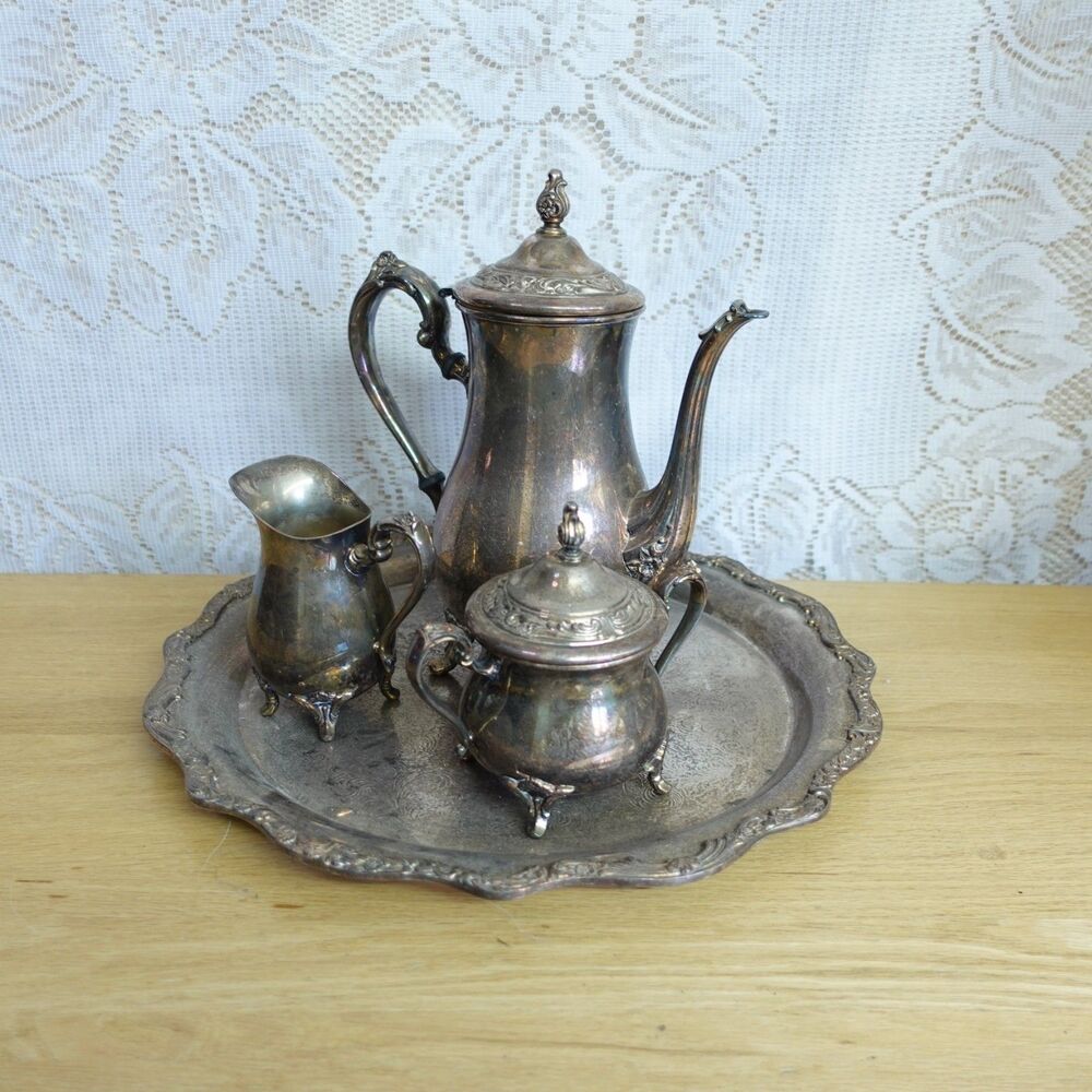 WM Rogers Silverplate Teapot Platter Cream Sugar Set Victorian VTG Glam Coffee